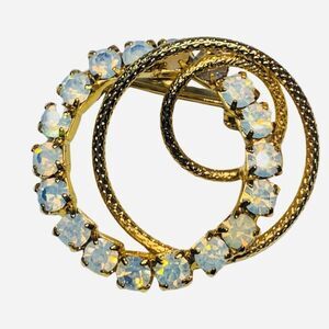 Women’s Opalescent Shimmering Rhinestone Circle Swirl Gold Tone Vintage Brooch
